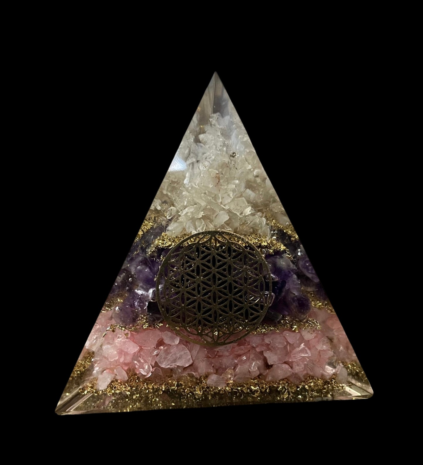 CLEAR, ROSE & AMETHYST PYRAMID WITH FLOWER OF LIFE