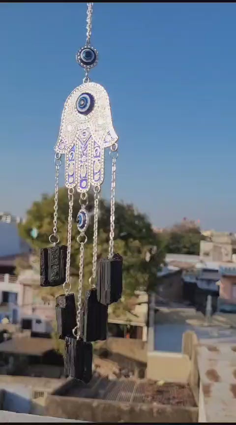 HAMSA HAND AND BLACK TOURMALINE HANGER